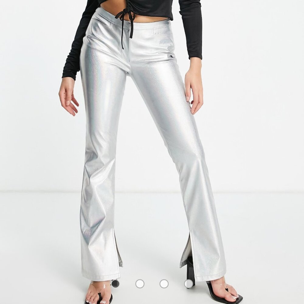 ASOS Design Sparkly Metallic Silver Flare Split Hem Pants Women's size 0